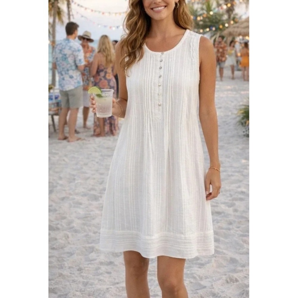 Faherty Isha Pintuck Organic Cotton Shift Dress Sleeveless White Women's Small